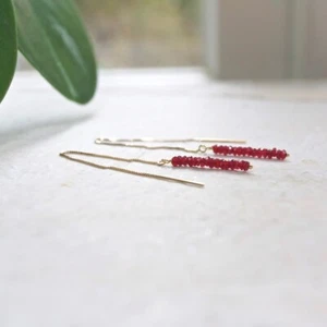 Natural Red Ruby Faceted Round Gemstone Beads Long Chain Dangle Drops Earrings - Picture 1 of 12