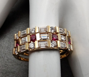 14K Yellow Gold Plated 2Ct Lab Created Ruby & Diamond Trio Ring Anniversary Band