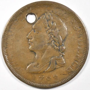1783 Colonial Copper George Washington Cent "Unity States" Holed, VF/XF Details! - Picture 1 of 2