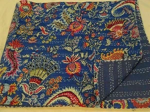 Blue Mukut Printed Indian Cotton Kantha Quilt Bedding Bedspread Blanket Throw - Picture 1 of 2