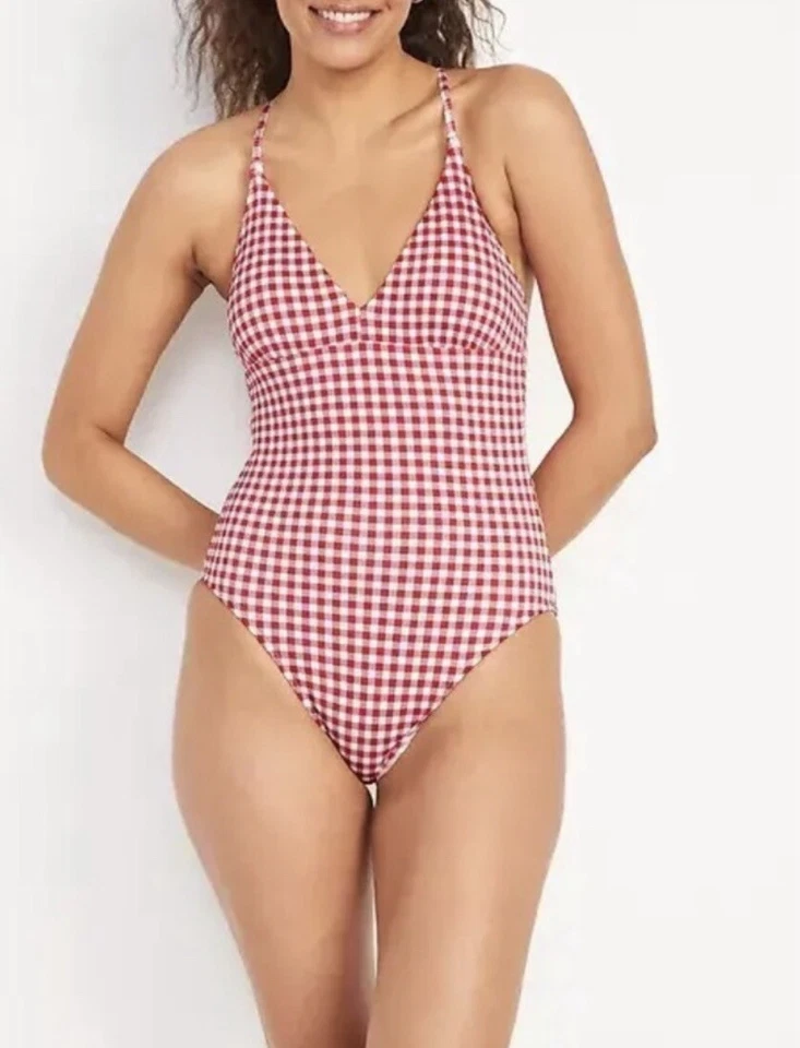 Traje de baño Old Navy almohadillas extraíbles cuello en V corbata ajustable rojo a cuadros nuevo con etiquetas 3X Plus Foto 1 de 4