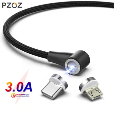PZOZ Magnetic 90 Degree Elbow Cable Type C Micro USB QC3.0 Fast Charge Data 1m - Image 1 of 4
