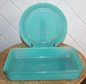 Agee Pyrex Sprayware Turquoise Blue Pie Dish PR-812 & Oblong Baker UOB-212 - Picture 1 of 9
