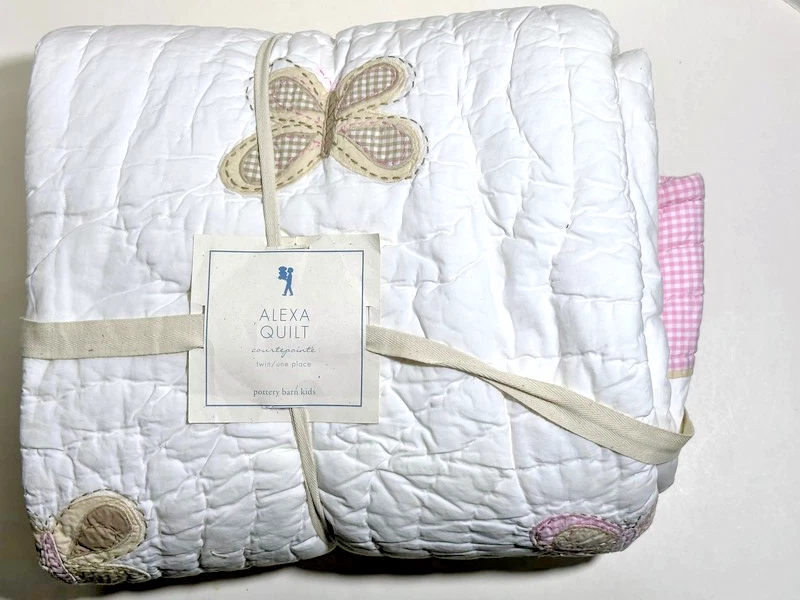 Pottery Barn Kids Brown Butterfly Pink Gingham Trim Alexa Twin Quilt New - Image 1 of 4