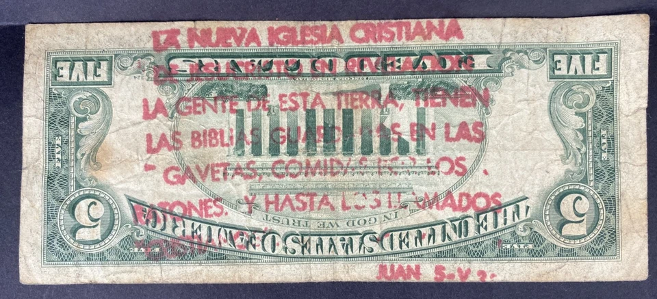 PUERTO RICO., 1977 A, $5.00 Currency Note, c/m LA NUEVA IGLESIA CRISTIANA, circ - Image 1 of 2