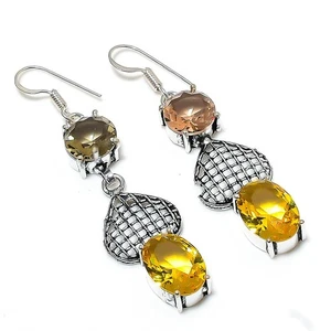Citrine, Morganite Gemstone Handmade 925 Sterling Silver Jewelry Earring 2.13" - Picture 1 of 5