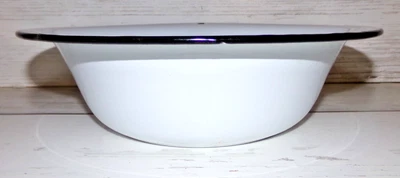 Vtg White Enamelware Black Trim Round Wash Pan Basin Hang Hole 12" x 3 1/2" - Image 1 of 4