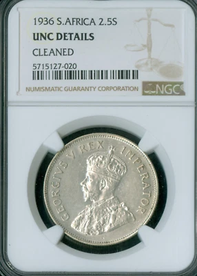 1936 SOUTH AFRICA SILVER 2 1/2  SHILLINGS NGC MS62 CLEANED RARE * - Image 1 of 2