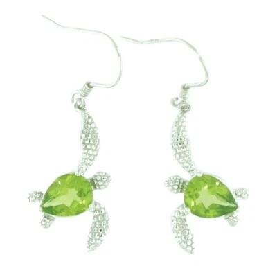 Pendientes colgantes de peridoto de plata de ley 925 - tortuga marina hawaiana Foto 1 de 2
