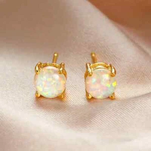 24K Gold Filled White 6mms Opal Style Huggie Stud Earrings With Pastel Lights - Picture 1 of 5