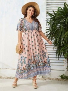 Shein Curve All Over Floral Butterfly Sleeve Dress 1XL 14 Peach Blue Green Boho - Picture 1 of 10