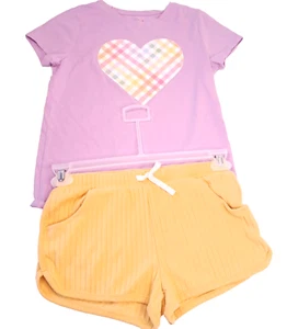 Cat & Jack Mädchen L 10/12 2-teiliges Outfit buttergelbe Shorts lila Shirt mit Herz - Bild 1 von 5
