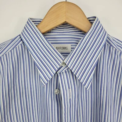 Ascot Chang Dress Shirt Button-down French Cuff Bespoke Stripe Blue White - Image 1 of 4