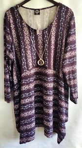 NWT Cal Style Purple Print Striped Tunic Shirt with Necklace ~3XL~Long Sleeve - Picture 1 of 13