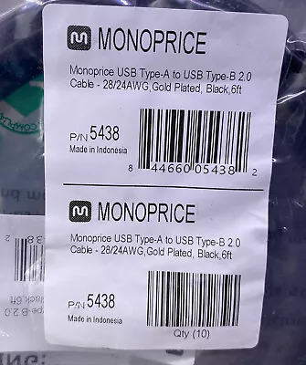 10-Pack MONOPRICE 5438 USB-A To USB-B 2.0 Cable 6ft Black Cord Gold Plated - Image 1 of 3