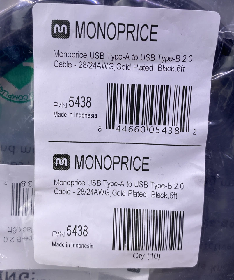 10-Pack MONOPRICE 5438 USB-A To USB-B 2.0 Cable 6ft Black Cord Gold Plated - Image 1 of 3