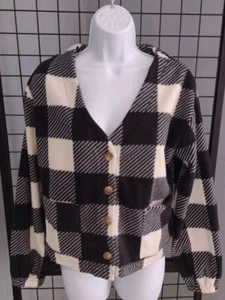 C&C California Fleece Sweater Woman's Small Plaid Black White Cropped Pockets - Picture 1 of 6