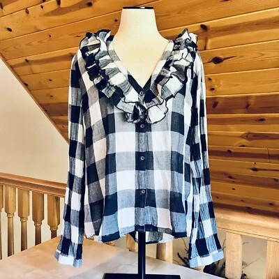 Blusa Boho Western Melrose & Market Manga Larga Cuadros Volantes Azul Marino Blanco Talla L Foto 1 de 4