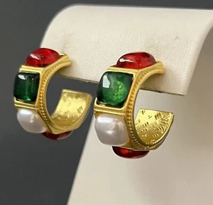 Pendientes de aro bizantinos de oro mate perla sintética rojo cabujón perforado estilo Gripoix - Imagen 1 de 10