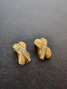 Vintage Christian Dior X Kiss Earrings Brushed Gold & Rhinestones Clips EUC - Picture 1 of 3
