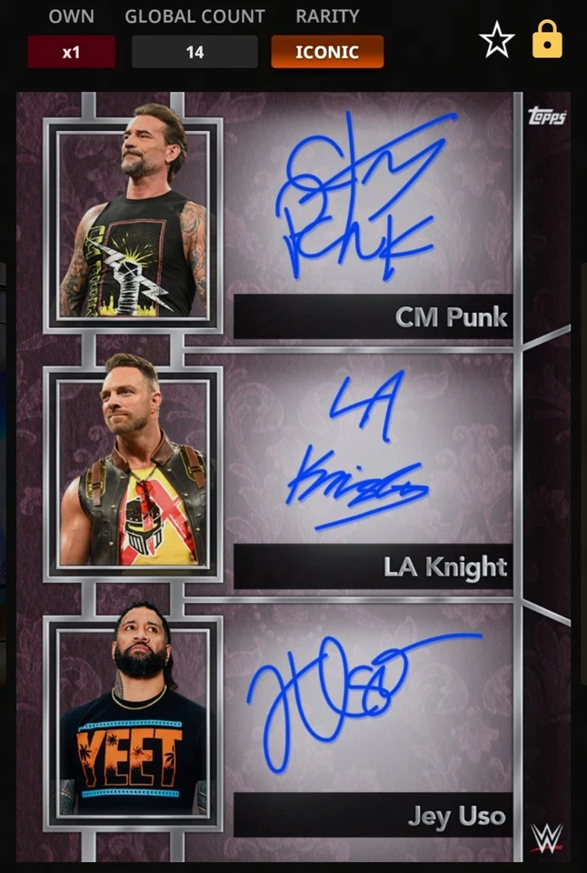 Topps WWE Slam - CM Punk & LA Knight & Jey Uso - Triple Sig Museum Iconic - Image 1 of 1