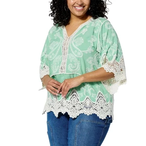 Democracy Women's Embroidered Crochet Trim Peplum Green Top Blouse Shirt SZ XL - Picture 1 of 3
