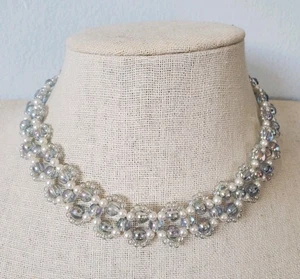 Vintage hellblau irisierend Kunststoff Kunstperlen Perlen Halsband Halskette Hongkong - Bild 1 von 5