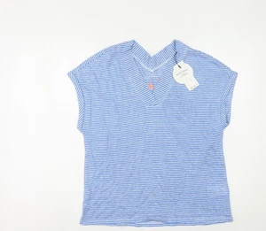 Oui Women's Blue Striped Linen V-Neck T-Shirt Size 10 - Picture 1 of 12