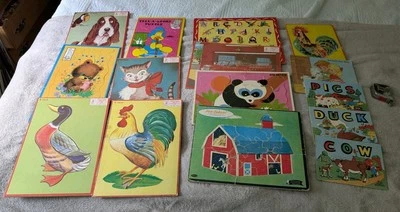 Vintage Tray Frame Jigsaw Puzzles MB Baby Huey Animals  Asst. 1950s Lot of 15 - Image 1 of 4