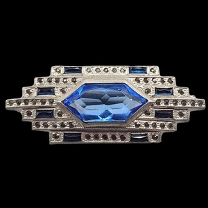 Antique Art Deco Brooch Blue Glass Hexagon 1920s Pave Rhinestone Silver Tone Pin - Picture 1 of 7