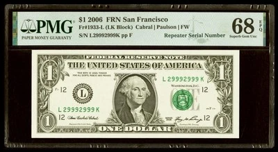 Binary Repeater Fancy Serial Number L29992999K PMG 68 EPQ Superb 2006 $1 Dollar - Image 1 of 2