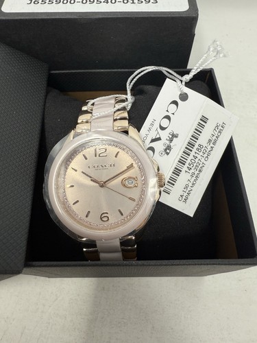 NUOVO $350 COACH Orologio Donna Greyson Quadrante Tono Oro Blush Rosa Bracciale Ceramica