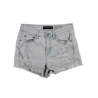 Pantalones Cortos AEROPOSTALE 0 Lavado Claro Verde Denim Cintura Alta Desgastado Dobladillo Deshilachado Foto 1 de 4