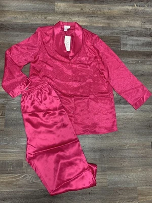 Go Softly Pajama Set Womens Large Pink Fuchsia Satin Jacquard 2 Piece Sleepwear - Image 1 of 4