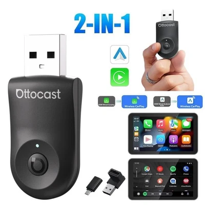 Ottocast Mini 5G 2 en 1 Inalámbrico CarPlay + Adaptador Automático Android con Botón Inteligente