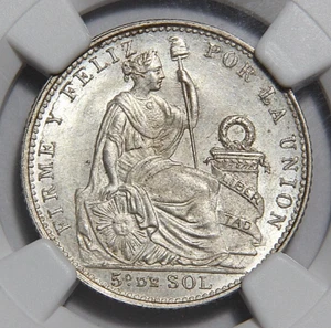 1910 FG Peru Fifth 1/5 Sol Scarce Date NGC MS64 POP 2/1 Only 1 Higher - Picture 1 of 4