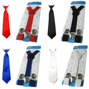 Kids Boys Child School Party Necktie Y-Back Elastic Stretchy Suspender Brace Set - Picture 1 of 5