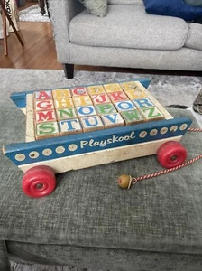 Vintage Playskool Wooden Pull Behind Wagon Tray w Wood Alphabet Blocks ABC - Picture 1 of 5