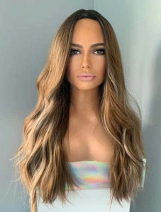 Long Highlighted Brown Body Wave Wig with Bangs, 22 Inch Natural Brunette Wig - Picture 1 of 7