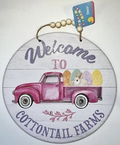 Easter Hanging Sign Egg Truck MDF Wood Home Decor Pastel Multicolor Round NWT - Picture 1 of 12