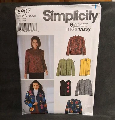 Simplicity Adult Womean Quilt Sewing Pattern 5907 Uncut SIZE AA XS NEW 6 Jackets - Image 1 of 2