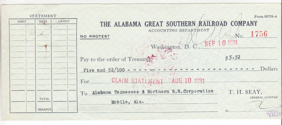 ALABAMA  GREAT  SOUTHERN          1931        Draft / Check - Image 1 of 1