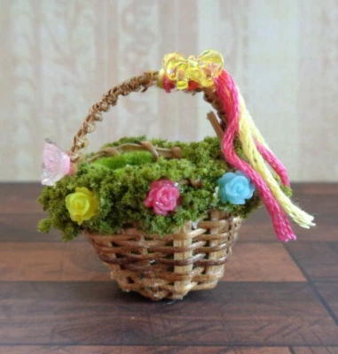 1:12 Dolls House Miniature 'Easter Egg Hunt / Spring Flower Wicker Basket Bag' - Image 1 of 4