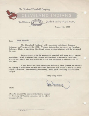 Hank Greenberg Signed AUTO 1954 letter contract Hank Majeski Indians HOF PSA/DNA - Image 1 of 2