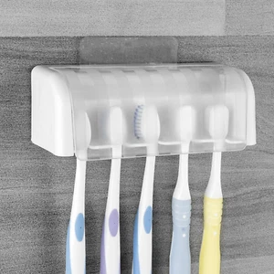 5 Slots Wall Mount Toothbrush Holder with Cover, Self Adhesive Toothbrush Storag - Picture 1 of 12