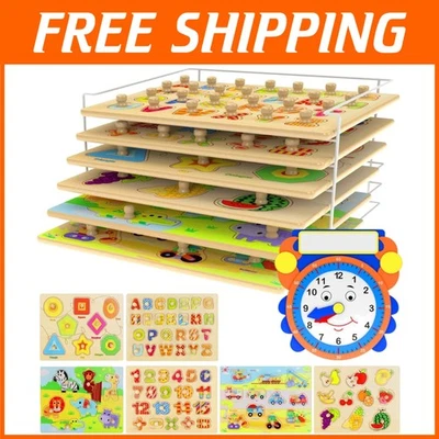 Wooden Toddler Puzzles Set with Learning Clock - Image 1 of 4