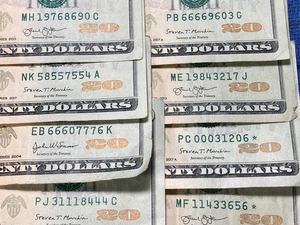 8 FANCY 20 DOLLAR BILL SERIAL NUMBER, LOW STAR NOTE 3-4-5,O A KIND BIRTHDAY YEAR - Picture 1 of 16