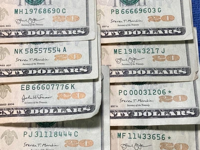 8 FANCY 20 DOLLAR BILL SERIAL NUMBER, LOW STAR NOTE 3-4-5,O A KIND BIRTHDAY YEAR - Image 1 of 4