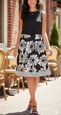 Chico's Black & White Basket Weave Lattice Trim Cattrall Floral Skirt 2 (12/14) - Image 1 of 4