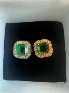 4Ct Lab Created Green Emerald Diamond Halo Stud Earrings 14k Yellow Gold Finish - Picture 1 of 6